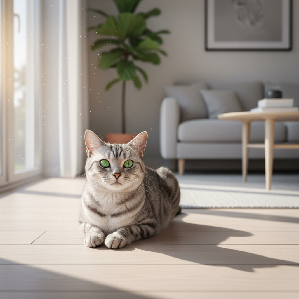A stunningly photorealistic shot of a sleek silver tabby cat with vibrant green eyes, lounging gracefully on a light-colored, modern Scandinavian-style wooden floor