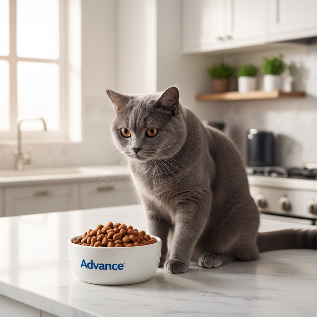 A photorealistic, bright, and clean shot of a healthy, beautiful cat in a modern kitchen