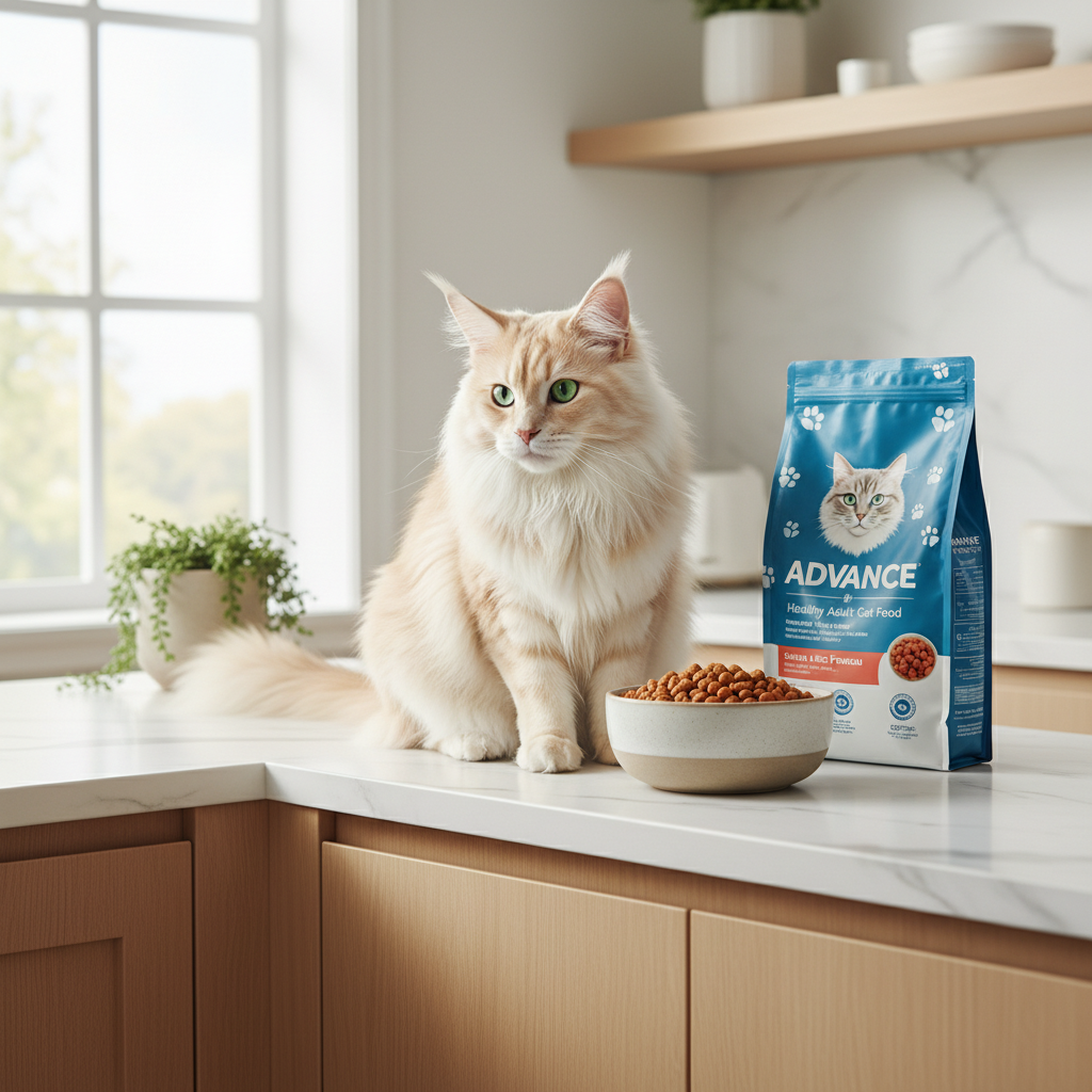 A photorealistic image of a healthy, beautiful cat next to a bag of premium Advance cat food