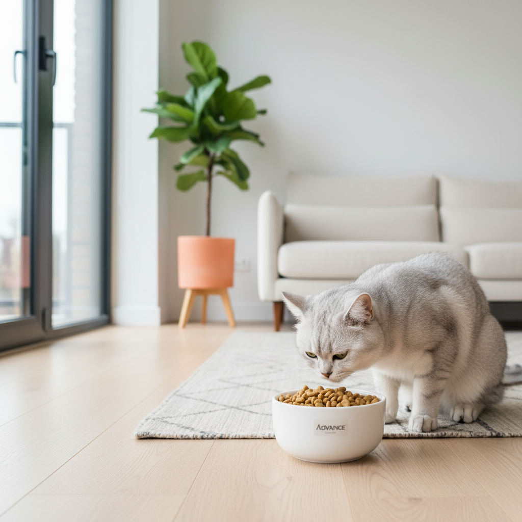 A photorealistic, bright and airy shot of a beautiful adult cat, perhaps a sleek grey British Shorthair or a fluffy Maine Coon, curiously inspecting a bowl of Advance dry cat food