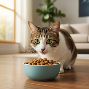 A photorealistic close-up shot of a healthy and beautiful adult domestic shorthair cat with striking green eyes, about to eat from a ceramic bowl filled with Advance dry cat food