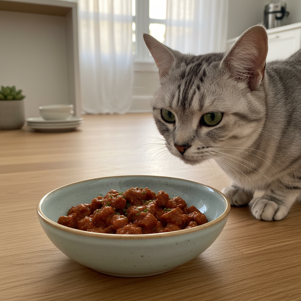 A photorealistic image of a beautiful, healthy adult cat, a sleek silver tabby, looking intently at a ceramic bowl of high-quality wet cat food