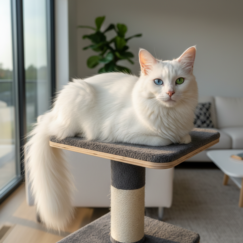 A stunning, photorealistic shot of a pure white Turkish Angora cat with one blue eye and one green eye, gracefully lounging on the top platform of a modern, stylish cat tree