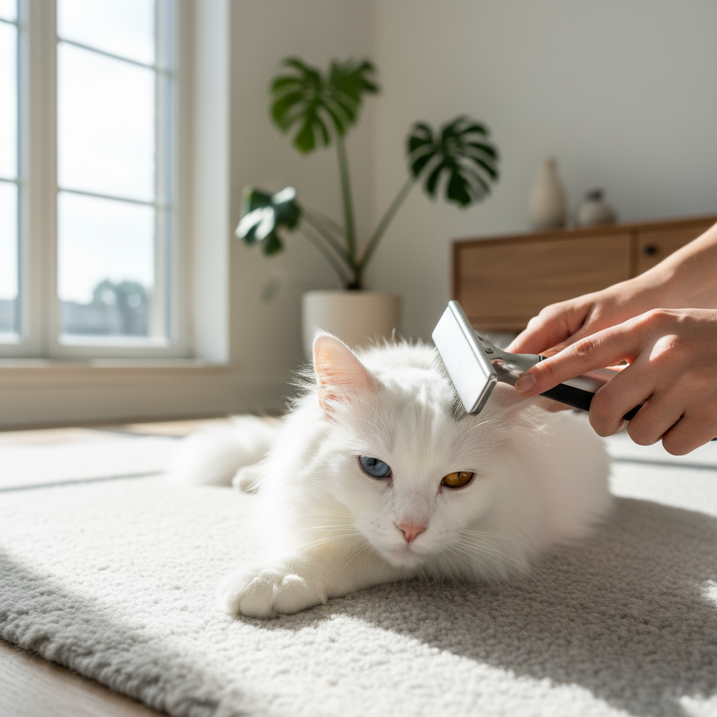A photorealistic, bright, and airy shot of a stunning pure white Ankara cat with heterochromia (one blue eye, one amber eye) being gently groomed