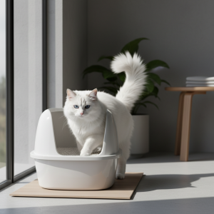 A stunningly beautiful, photorealistic pure white Angora cat with captivating blue eyes is captured in a bright, minimalist Scandinavian-style bathroom