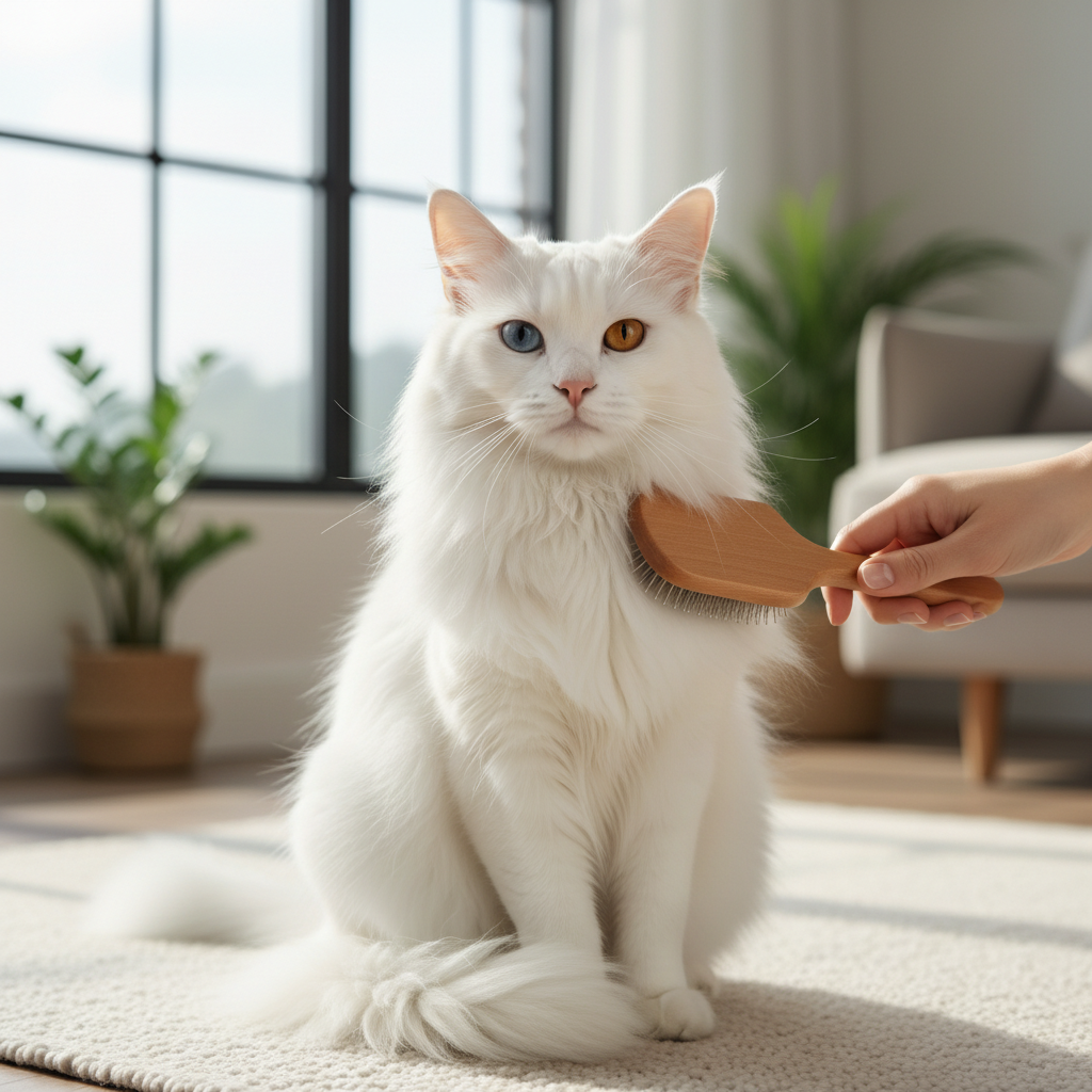 A photorealistic shot of a magnificent pure white Turkish Angora cat with one blue eye and one amber eye, sitting serenely in a brightly lit, modern living room