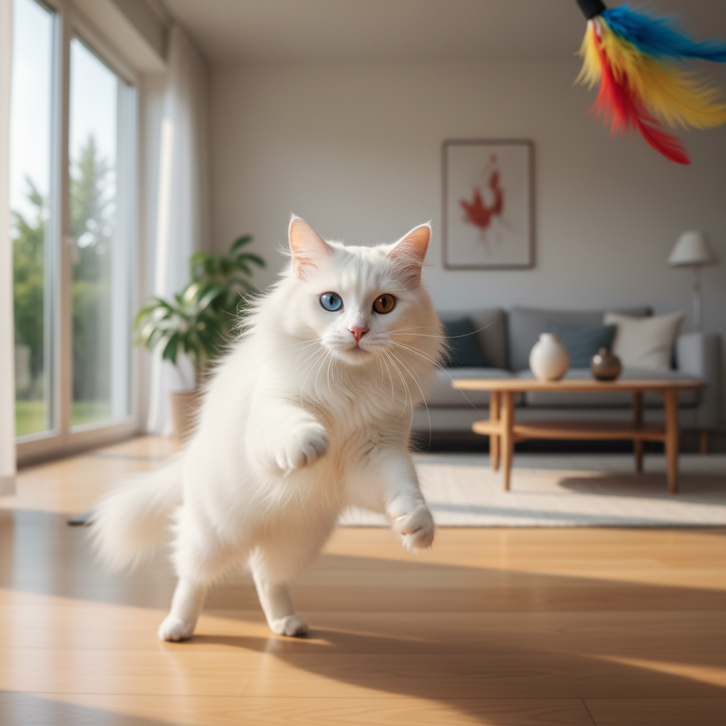 A stunningly beautiful, photorealistic shot of a pure white Turkish Angora (Ankara) cat with one blue and one amber eye, captured mid-pounce