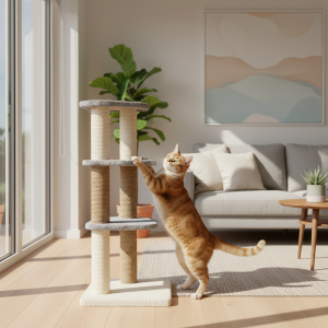 A photorealistic, bright, and airy shot of a modern living room interior during daytime