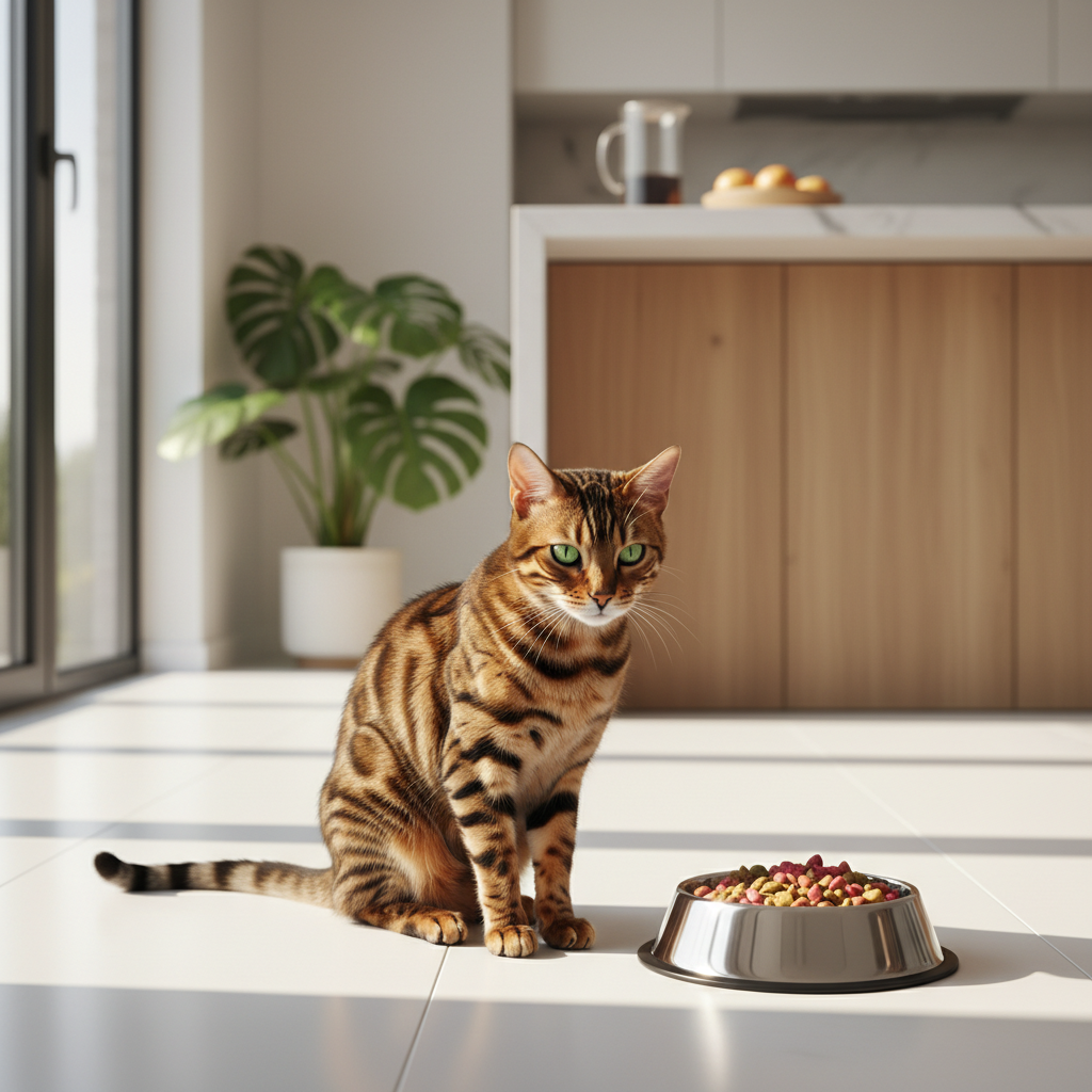 A stunningly beautiful Bengal cat with its characteristic rosette markings is sitting elegantly in a modern, sunlit kitchen