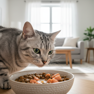 A photorealistic, heartwarming shot of a beautiful, healthy silver tabby cat curiously sniffing a ceramic bowl filled with a mix of high-quality dry kibble and wet cat food