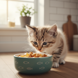 A photorealistic, heartwarming close-up shot of a fluffy, curious kitten (a mix of Siamese and tabby) eagerly looking into its food bowl