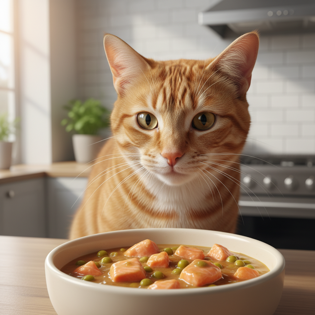 A photorealistic, warm, and inviting close-up shot of a healthy adult cat, possibly a tabby or a domestic shorthair, eagerly looking at a ceramic bowl filled with wet cat food chunks in gravy