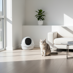 A photorealistic, bright, and airy shot of a modern, minimalist living room