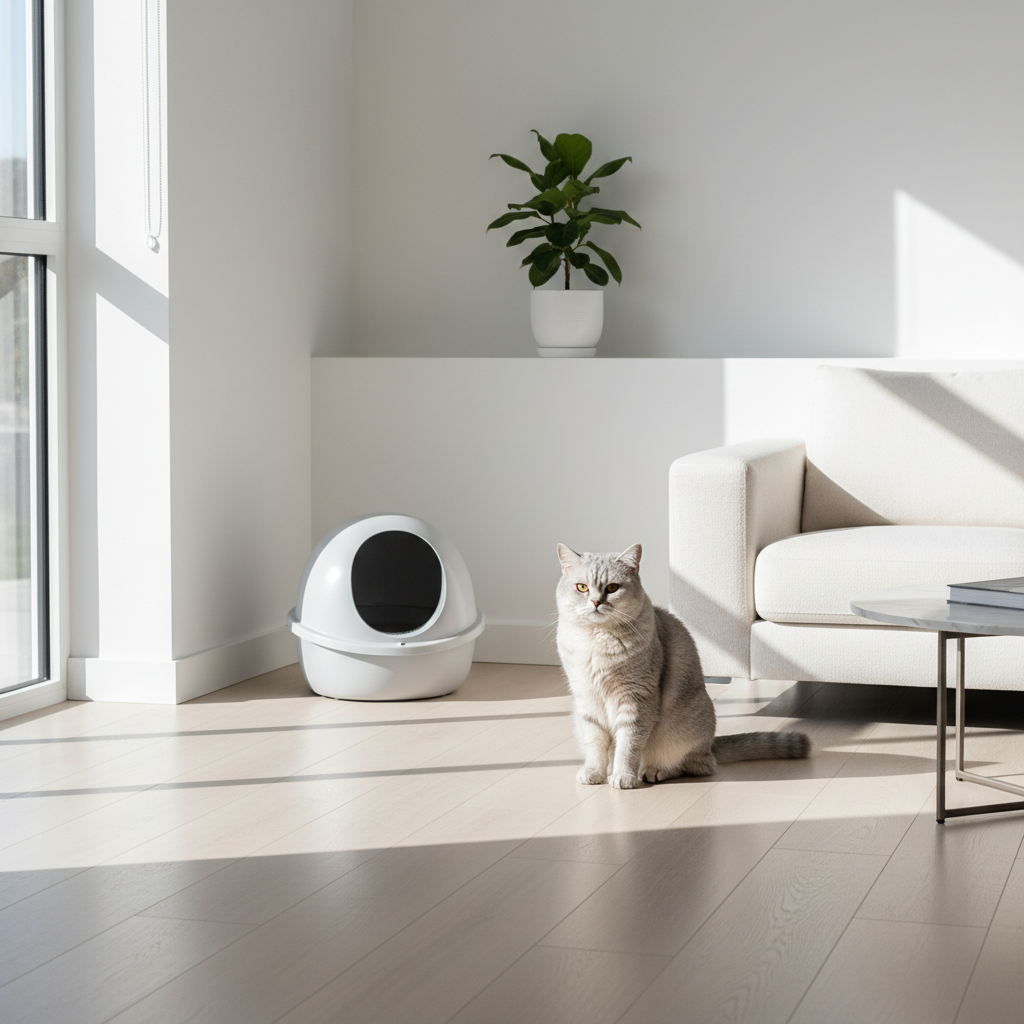 A photorealistic, bright, and airy shot of a modern, minimalist living room