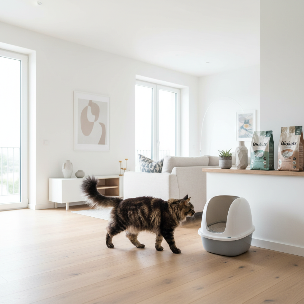 A photorealistic, bright, and airy interior shot of a modern living room