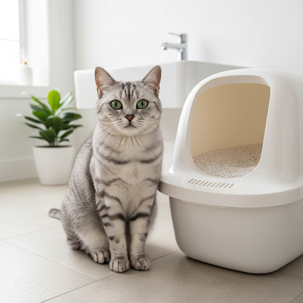 A photorealistic, high-resolution shot of a beautiful, fluffy silver tabby cat sitting gracefully next to a very clean, white litter box