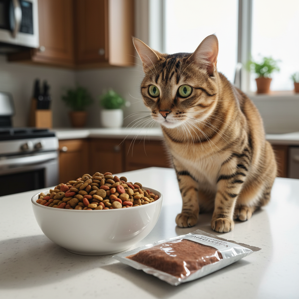 A stunning, photorealistic shot of a healthy, beautiful domestic shorthair cat with tabby markings, eagerly looking at a bowl of dry kibble and a separate pouch of wet cat food