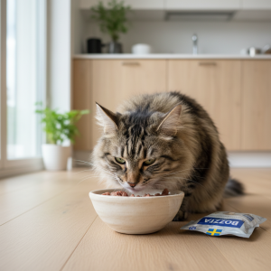 A photorealistic, high-resolution shot of a beautiful Norwegian Forest cat with glossy fur eating from a ceramic bowl