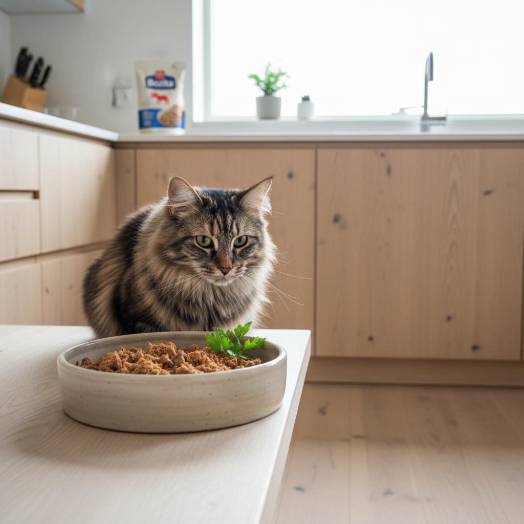 A photorealistic, bright image capturing a healthy and beautiful Norwegian Forest cat in a modern Scandinavian kitchen