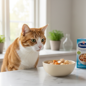 A photorealistic, bright, and airy shot of a healthy adult cat, possibly a European Shorthair, eagerly looking at a ceramic bowl filled with Bozita wet cat food