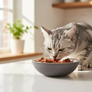 A photorealistic, bright, and clean shot of a healthy adult cat eating wet food from a stylish ceramic bowl
