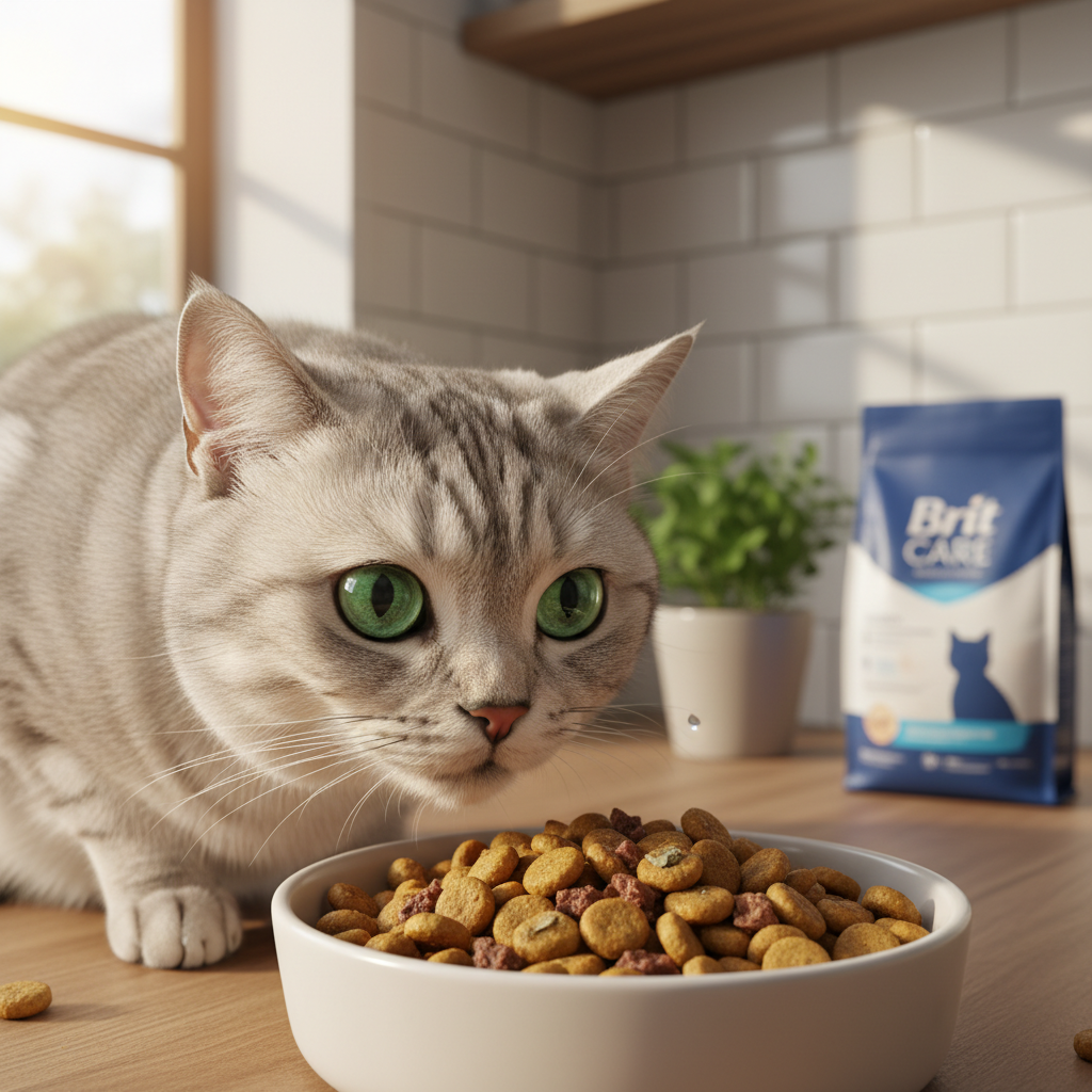 A photorealistic close-up shot of a beautiful, healthy silver tabby British Shorthair cat curiously sniffing a bowl of high-quality kibble