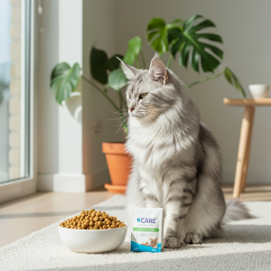 A stunning, photorealistic shot of a healthy adult Silver Maine Coon cat with a luxurious, shiny coat