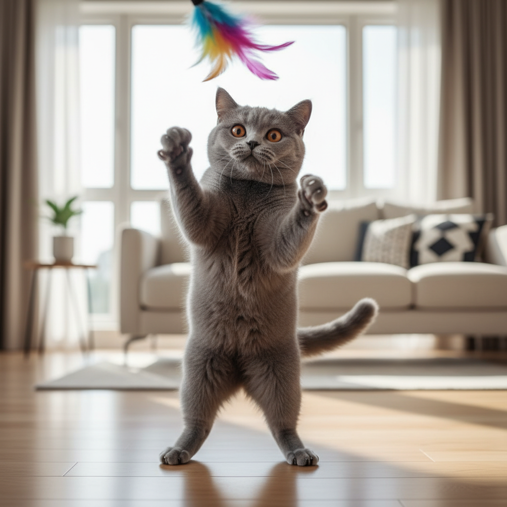 A beautiful, photorealistic shot of a plush, blue-grey British Shorthair cat in a modern, brightly lit living room
