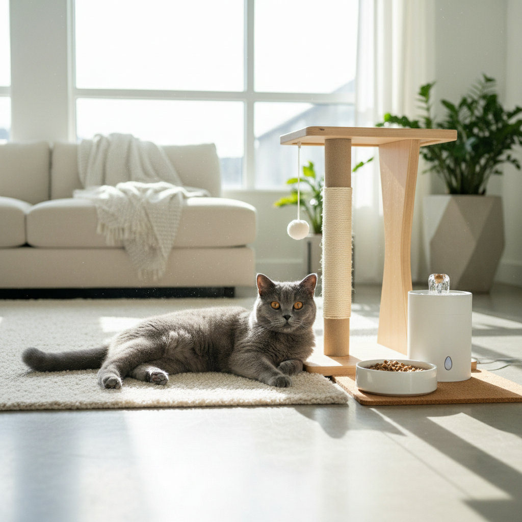 A photorealistic image of a beautiful, plush blue-gray British Shorthair cat resting regally in a bright, modern living room