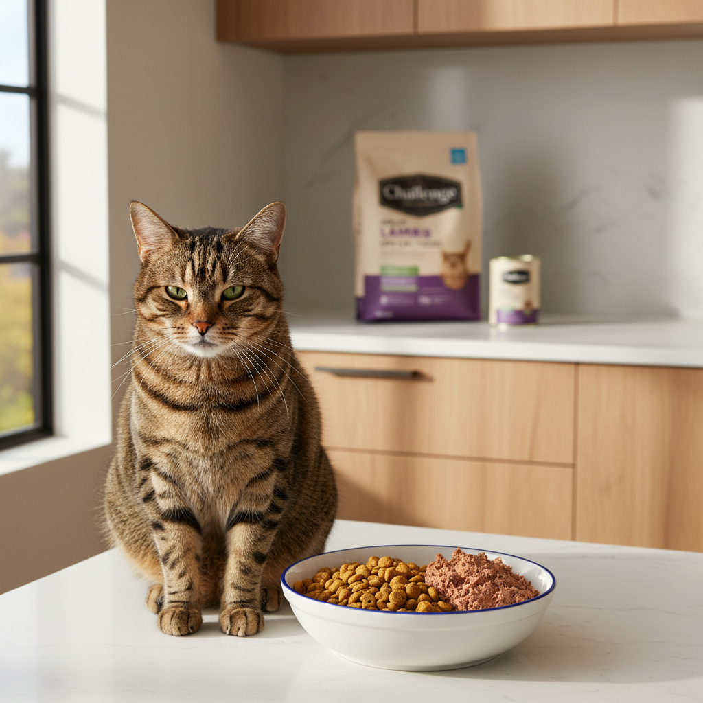 A photorealistic, heartwarming shot of a healthy adult domestic shorthair cat with a shiny tabby coat