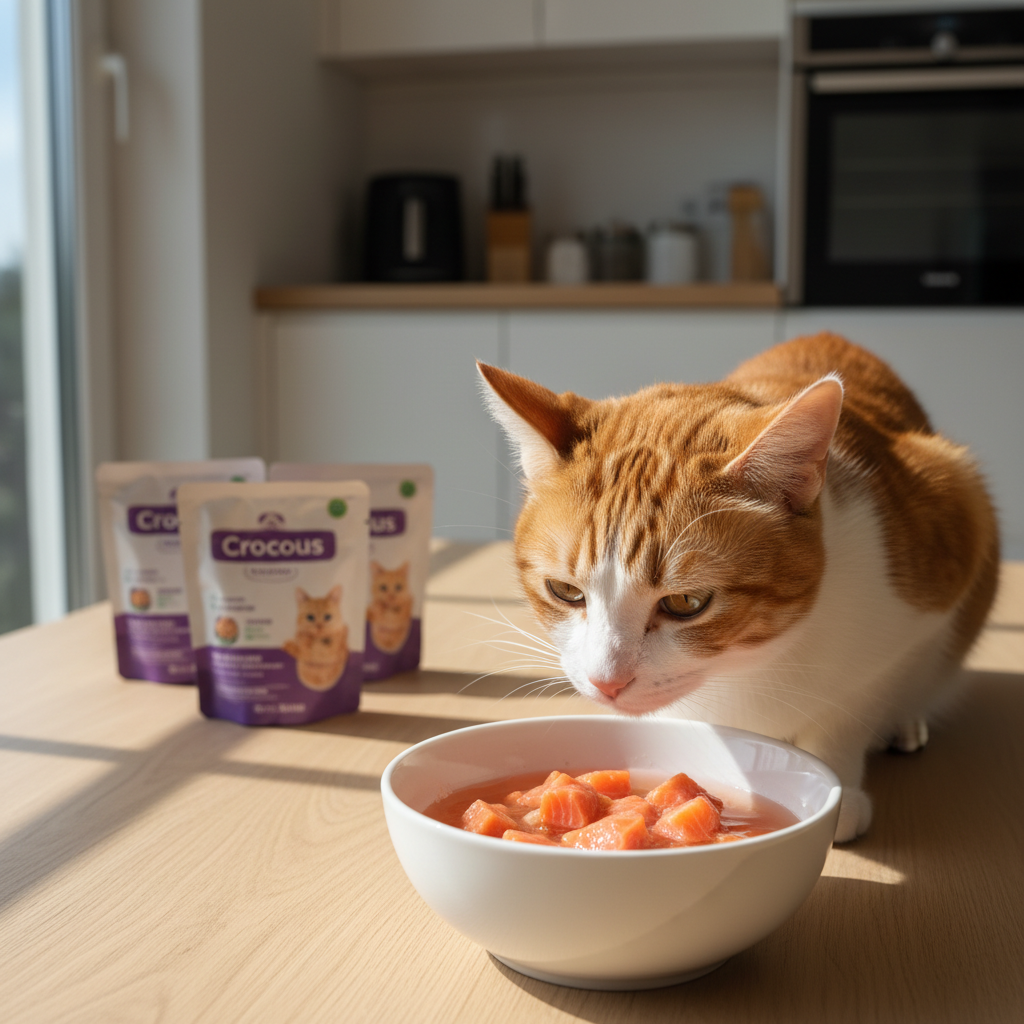 A photorealistic shot of a healthy and content domestic shorthair cat with glossy fur, intently focused on a white ceramic bowl filled with delicious salmon-flavored wet food chunks in jelly