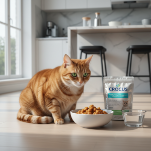 A photorealistic, bright indoor shot of a slightly chubby but beautiful domestic shorthair cat (tabby or ginger) looking attentively at a bowl of delicious, gravy-covered wet cat food