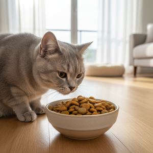 A photorealistic, high-quality shot of a healthy and elegant cat, perhaps a British Shorthair or a domestic cat with sleek fur, curiously sniffing a bowl of premium dry cat food