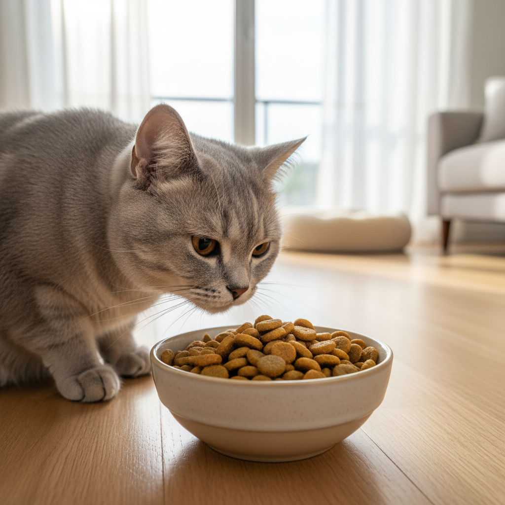 A photorealistic, high-quality shot of a healthy and elegant cat, perhaps a British Shorthair or a domestic cat with sleek fur, curiously sniffing a bowl of premium dry cat food