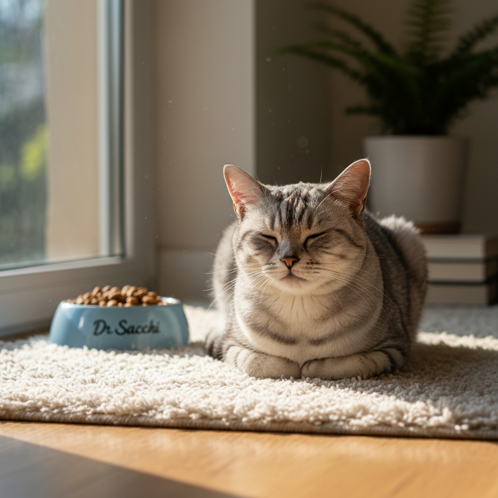 A photorealistic, heartwarming image of a mature, elegant silver tabby cat lounging comfortably on a soft, cream-colored plush rug