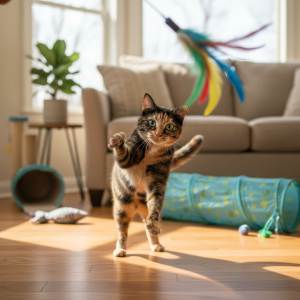 A photorealistic, high-resolution image capturing a playful tortoiseshell cat in mid-air, joyfully pouncing towards a colorful Eastland feather wand toy held just out of frame