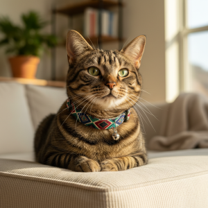 A happy, healthy domestic shorthair cat with tabby markings is wearing a stylish, colorful collar with a small silver bell