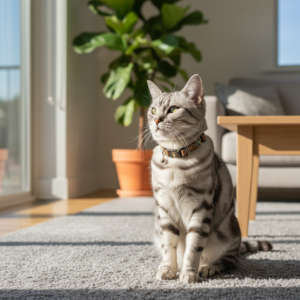 A photorealistic, high-resolution image of a sleek silver tabby cat sitting gracefully in a modern, sunlit living room