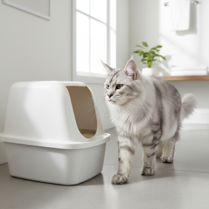 A photorealistic, high-detail shot of a majestic silver Maine Coon cat stepping gracefully out of a minimalist, clean, white litter box
