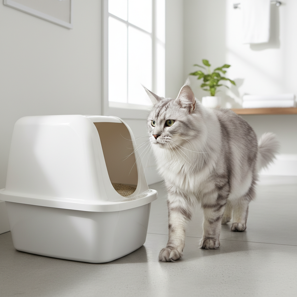 A photorealistic, high-detail shot of a majestic silver Maine Coon cat stepping gracefully out of a minimalist, clean, white litter box