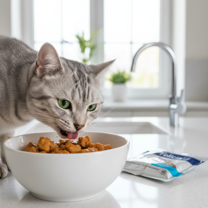 A photorealistic, high-resolution shot of a beautiful silver tabby cat eagerly eating from a clean, white ceramic bowl