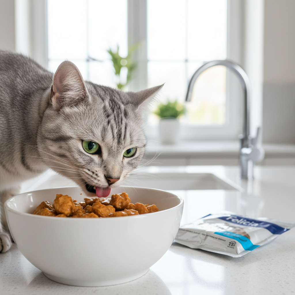 A photorealistic, high-resolution shot of a beautiful silver tabby cat eagerly eating from a clean, white ceramic bowl