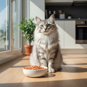 A photorealistic, bright, and airy shot of a healthy adult Norwegian Forest Cat with a glossy, long coat