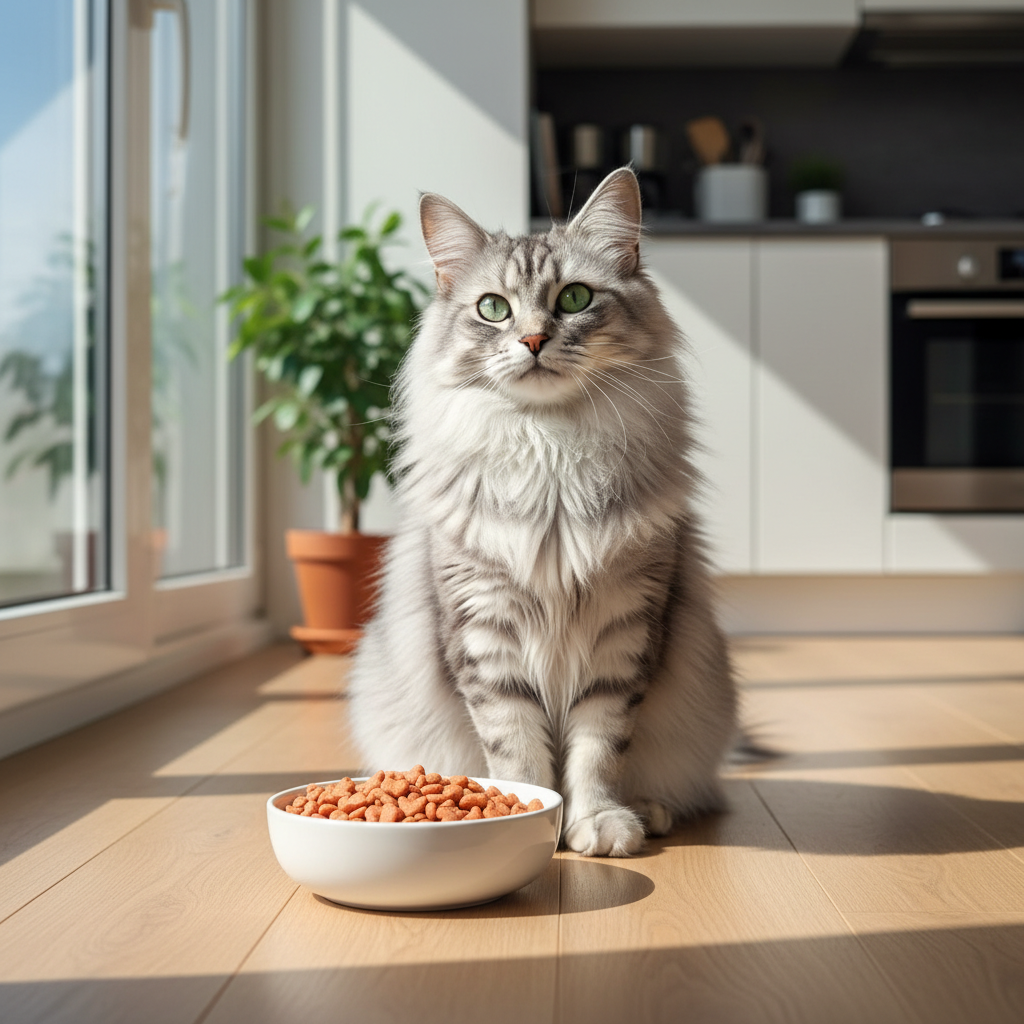 A photorealistic, bright, and airy shot of a healthy adult Norwegian Forest Cat with a glossy, long coat
