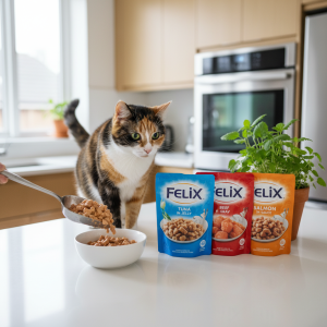 A photorealistic, heartwarming shot of a beautiful adult cat, possibly a tabby or a calico, looking eagerly at a ceramic bowl being filled with Felix wet cat food