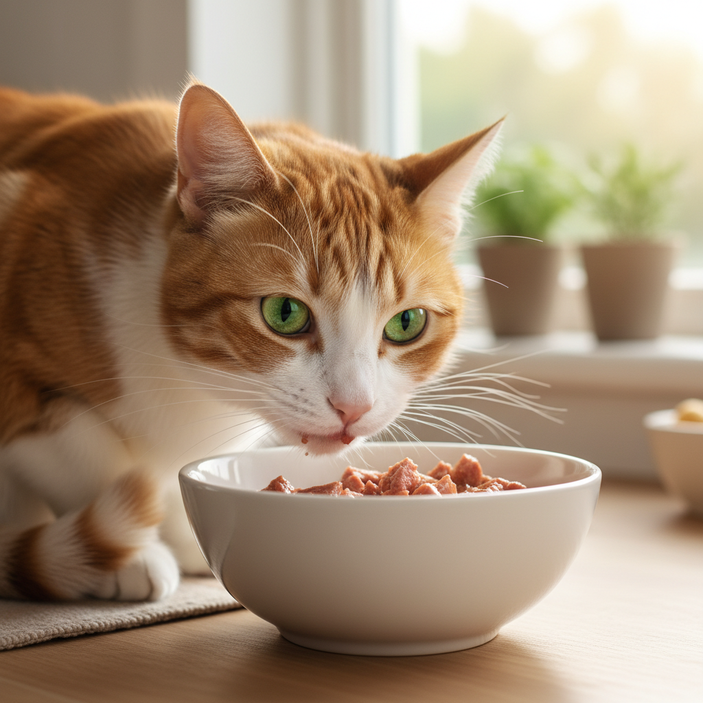 A photorealistic, heartwarming close-up shot of a healthy adult domestic shorthair cat with striking green eyes, eagerly eating from a clean, white ceramic bowl