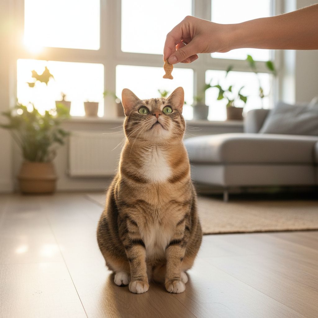 A photorealistic, heartwarming shot of a slightly chubby but healthy-looking domestic shorthair cat in a brightly lit, modern living room
