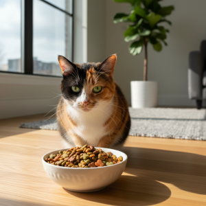 A beautiful, healthy Domestic Shorthair cat is in a brightly lit, modern living room