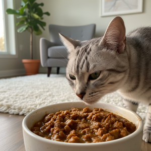 A beautifully lit, cozy indoor scene featuring a healthy, well-groomed cat, possibly a silver tabby or a domestic shorthair, curiously sniffing a bowl of high-quality wet cat food