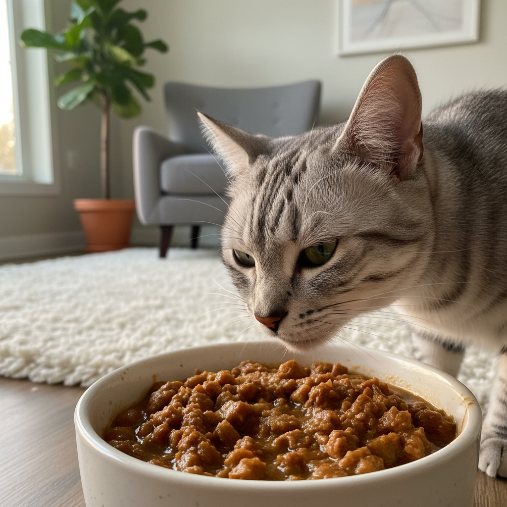 A beautifully lit, cozy indoor scene featuring a healthy, well-groomed cat, possibly a silver tabby or a domestic shorthair, curiously sniffing a bowl of high-quality wet cat food